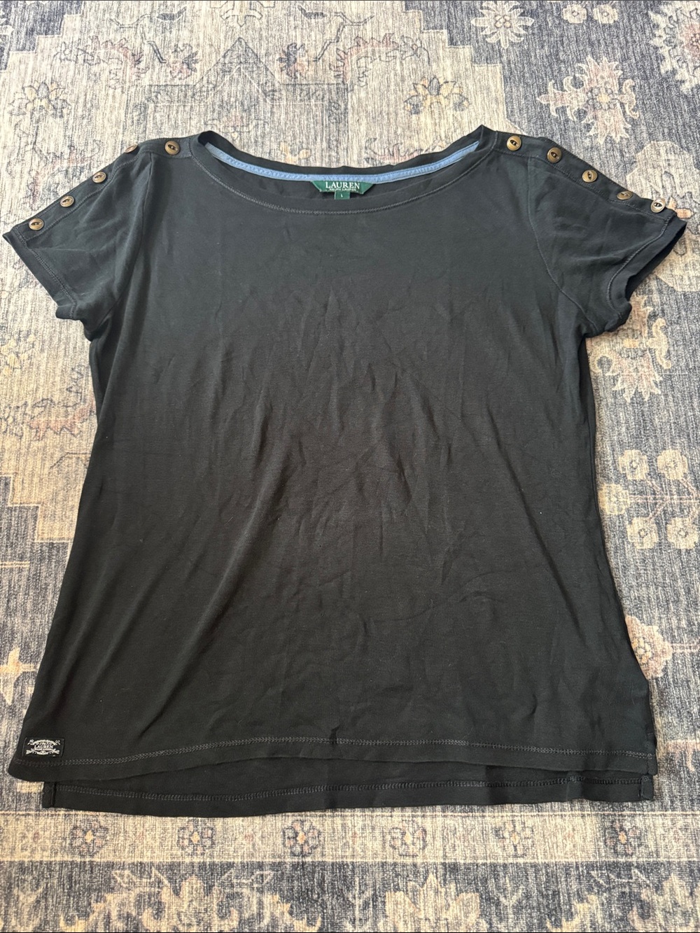 Lauren Ralph Lauren Black Short-Sleeve Button-Shoulder Tee with Gold Buttons